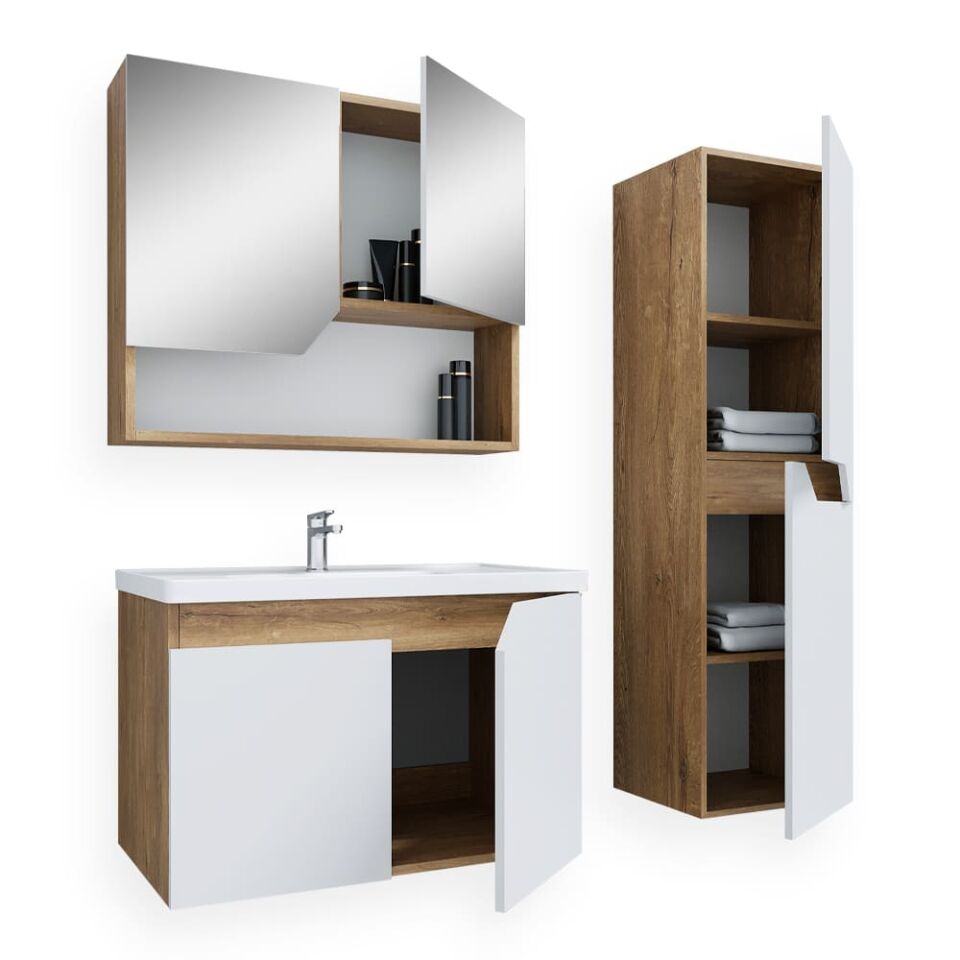Teta Home Napoli 65 cm MDF Banyo Dolabı Seti + Boy Dolabı Kafkas Meşe-Beyaz