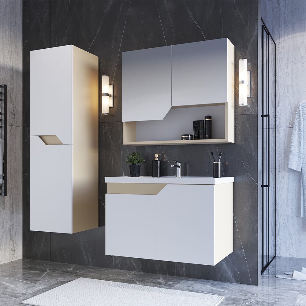 Teta Home Napoli 65 cm MDF Banyo Dolabı Seti + Boy Dolabı Bej-Beyaz