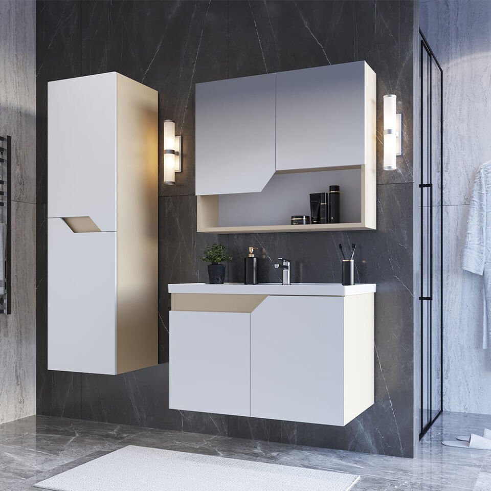 Teta Home Napoli 65 cm MDF Banyo Dolabı Seti + Boy Dolabı Bej-Beyaz
