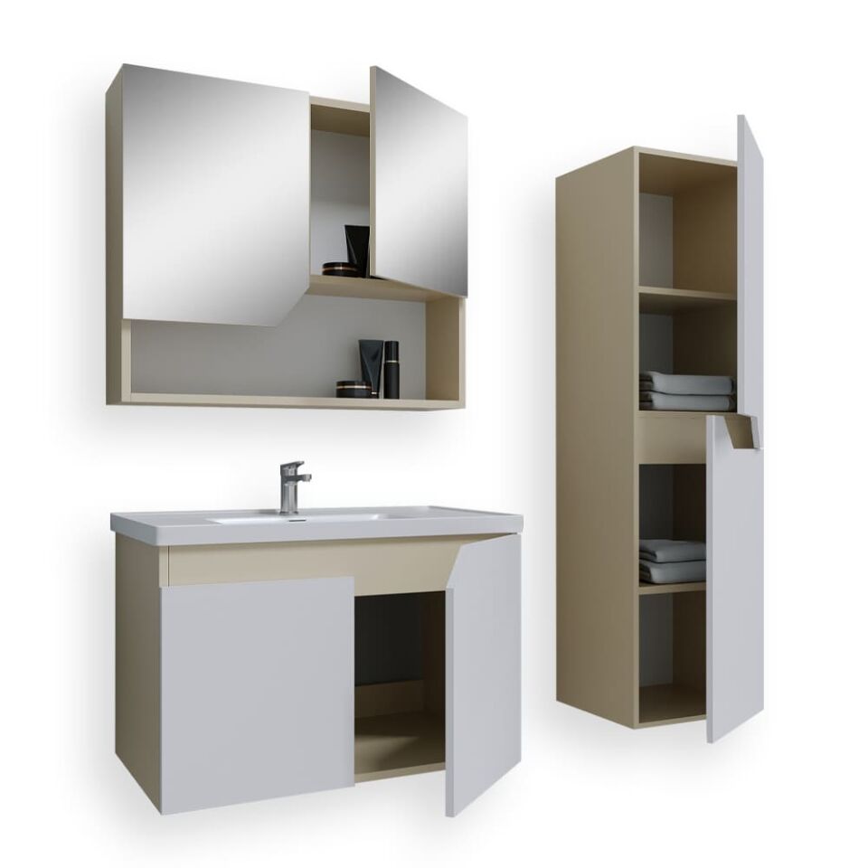 Teta Home Napoli 65 cm MDF Banyo Dolabı Seti + Boy Dolabı Bej-Beyaz