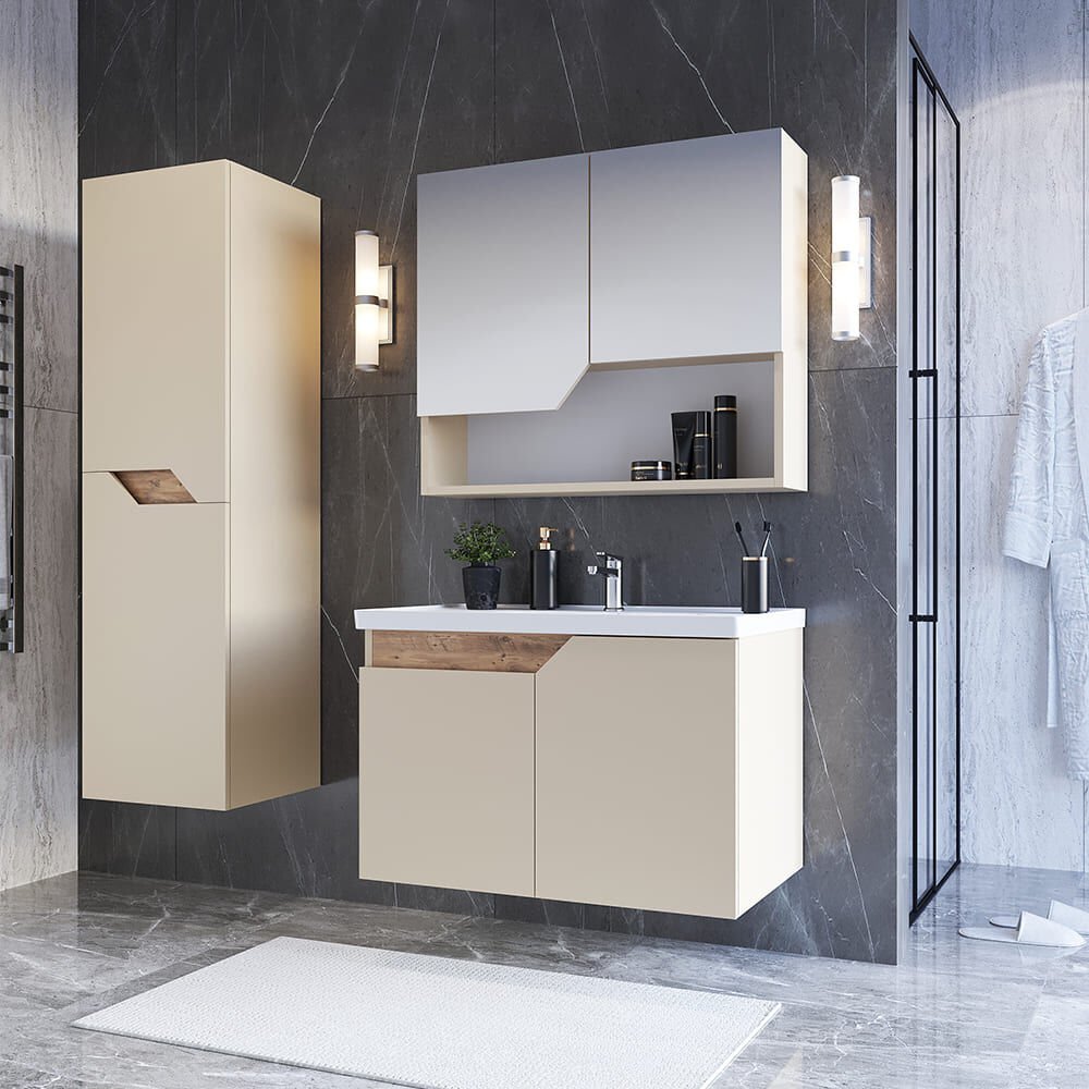 Teta Home Napoli 65 cm MDF Banyo Dolabı Seti + Boy Dolabı Bej-Atlantik Çam