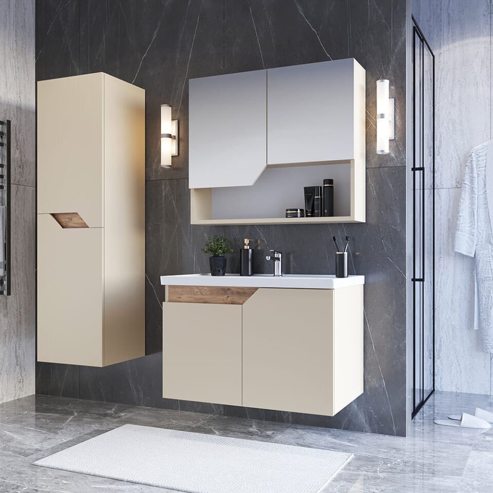Teta Home Napoli 65 cm MDF Banyo Dolabı Seti + Boy Dolabı Bej-Atlantik Çam