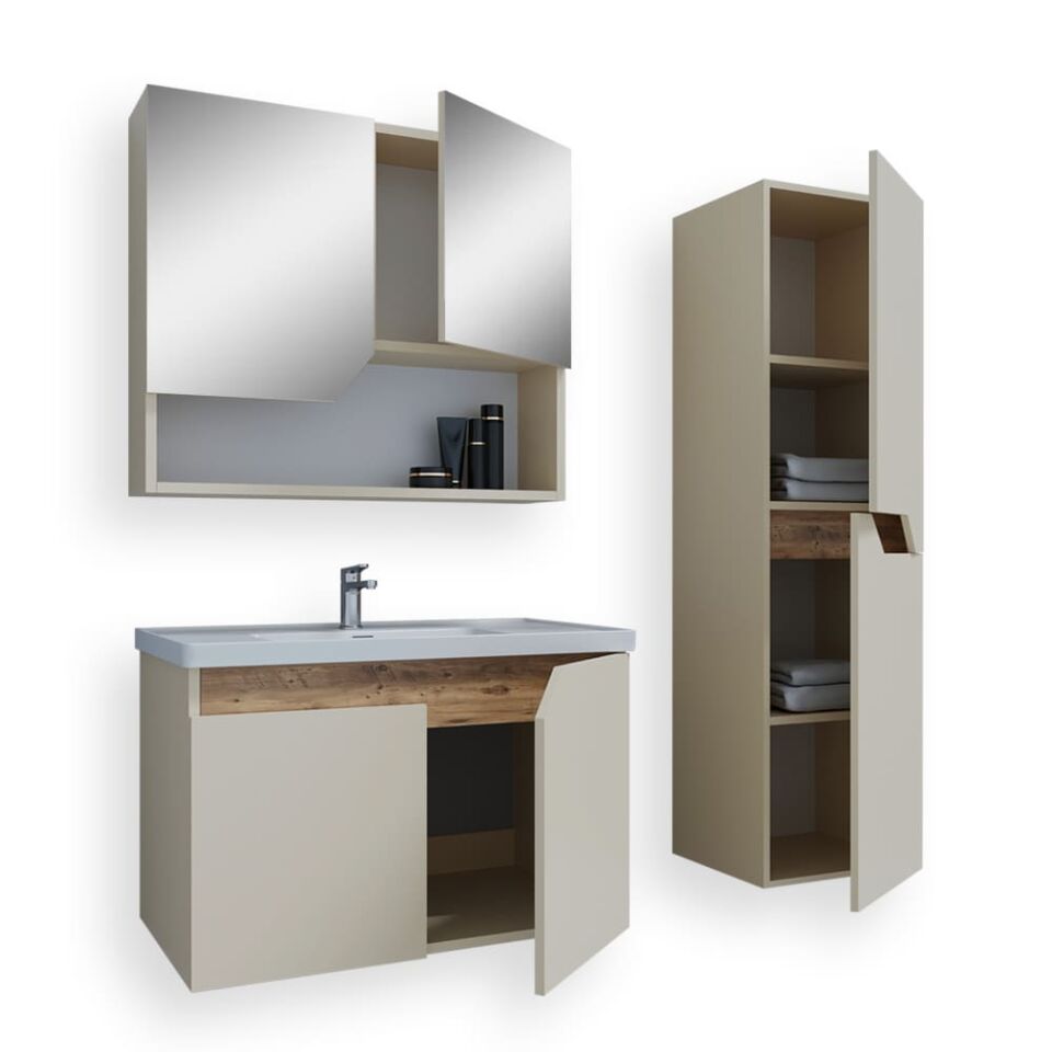 Teta Home Napoli 65 cm MDF Banyo Dolabı Seti + Boy Dolabı Bej-Atlantik Çam