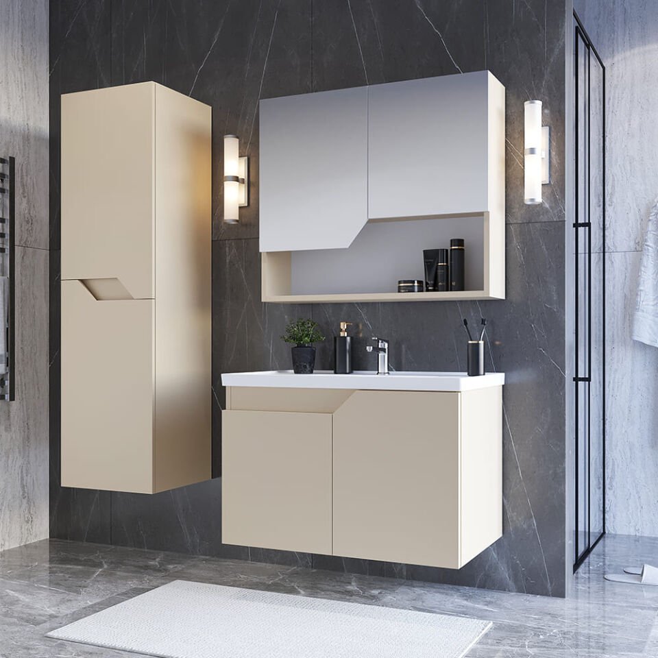 Teta Home Napoli 65 cm MDF Banyo Dolabı Seti + Boy Dolabı Bej