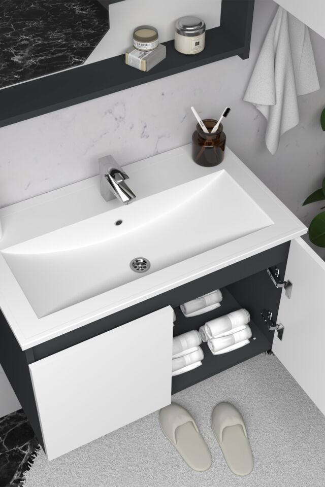 Teta Home Napoli 65 cm MDF Banyo Dolabı Seti + Boy Dolabı Antrasit-Beyaz