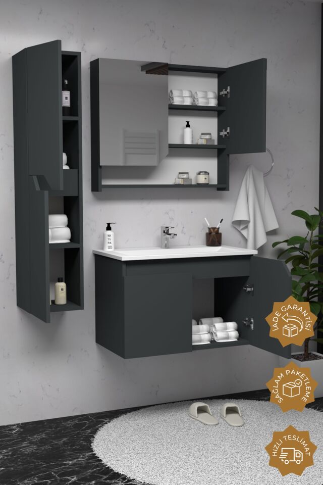 Teta Home Napoli 65 cm MDF Banyo Dolabı Seti + Boy Dolabı Antrasit