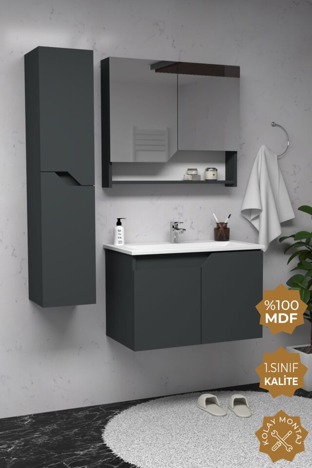 Teta Home Napoli 65 cm MDF Banyo Dolabı Seti + Boy Dolabı Antrasit