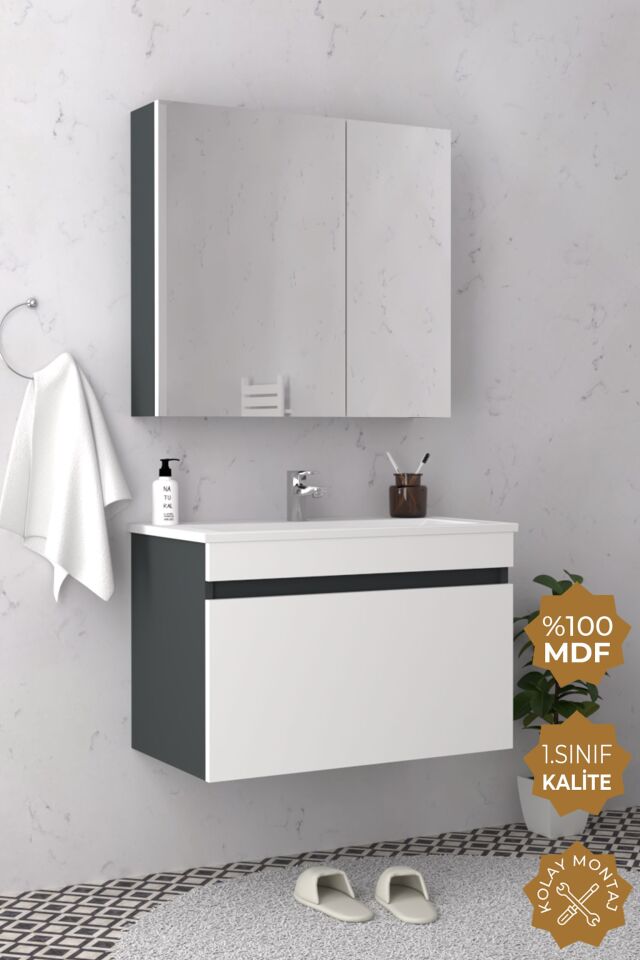 Teta Home Mersin 80 cm MDF Banyo Dolabı Seti Antrasit-Beyaz
