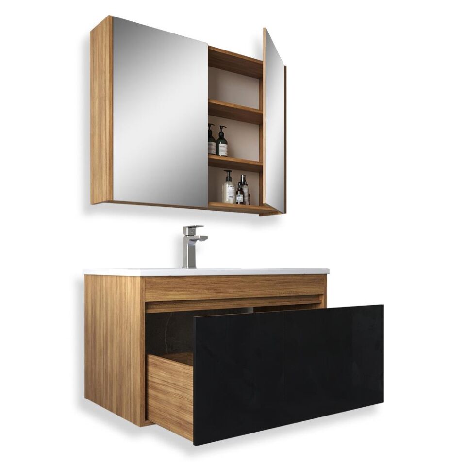 Teta Home Mersin 65 cm MDF Banyo Dolabı Seti Teak-Siyah
