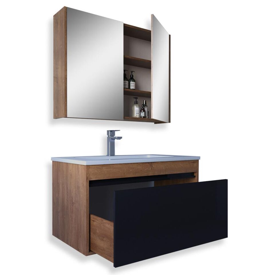 Teta Home Mersin 65 cm MDF Banyo Dolabı Seti Kafkas Meşe-Siyah