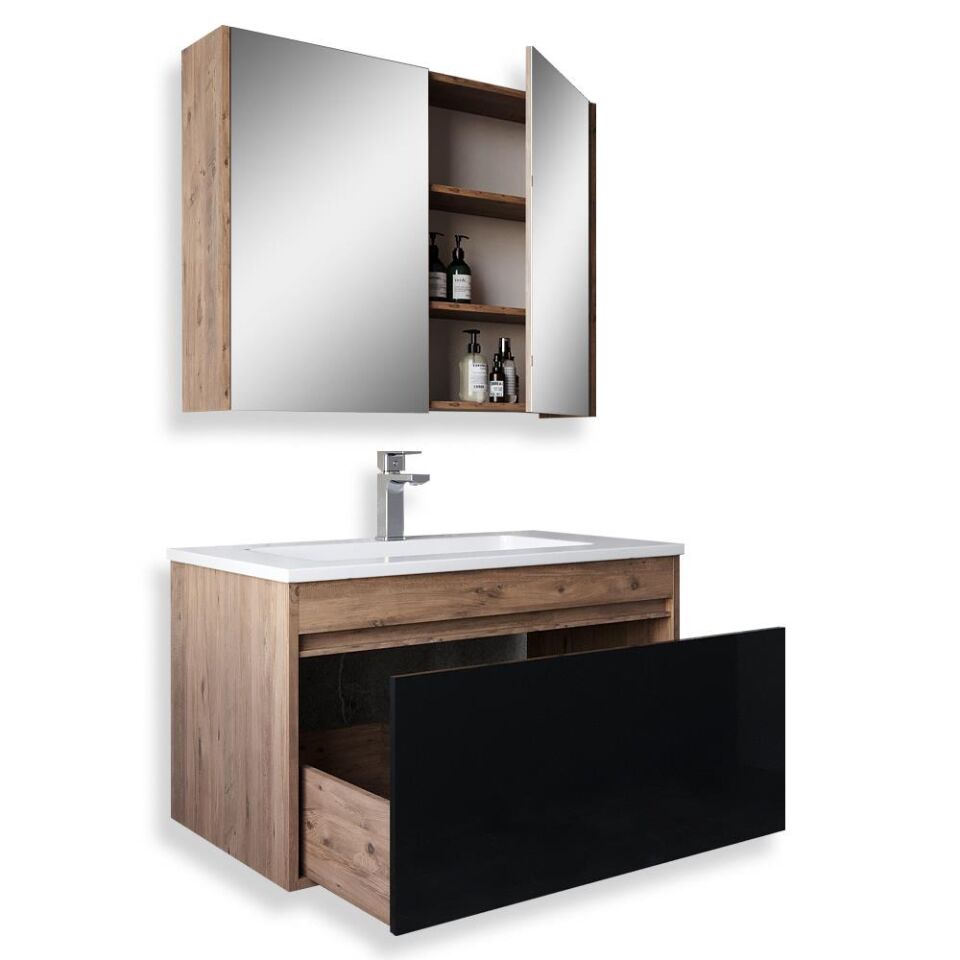 Teta Home Mersin 65 cm MDF Banyo Dolabı Seti Atlantik Çam-Siyah