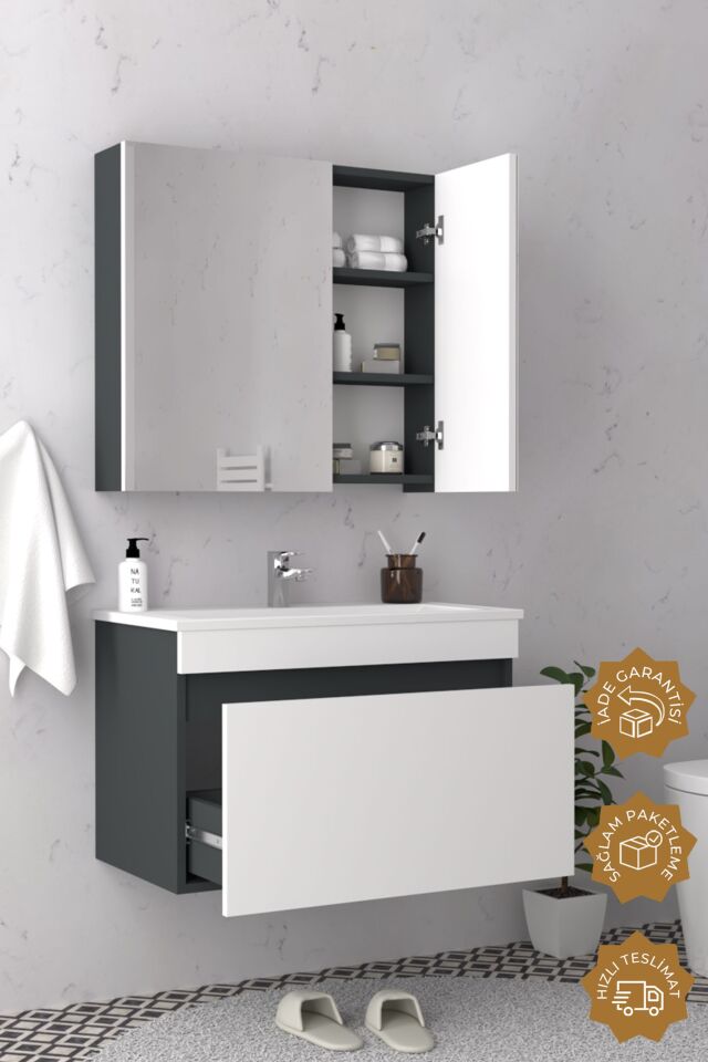 Teta Home Mersin 65 cm MDF Banyo Dolabı Seti Antrasit-Beyaz