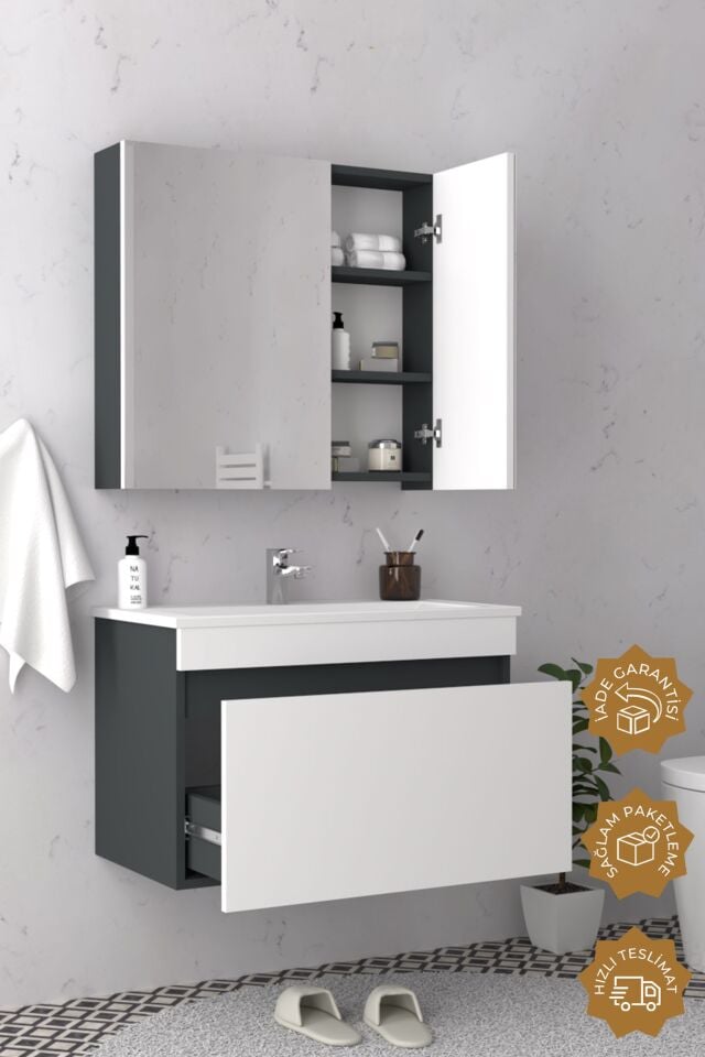 Teta Home Mersin 65 cm MDF Banyo Dolabı Seti Antrasit-Beyaz