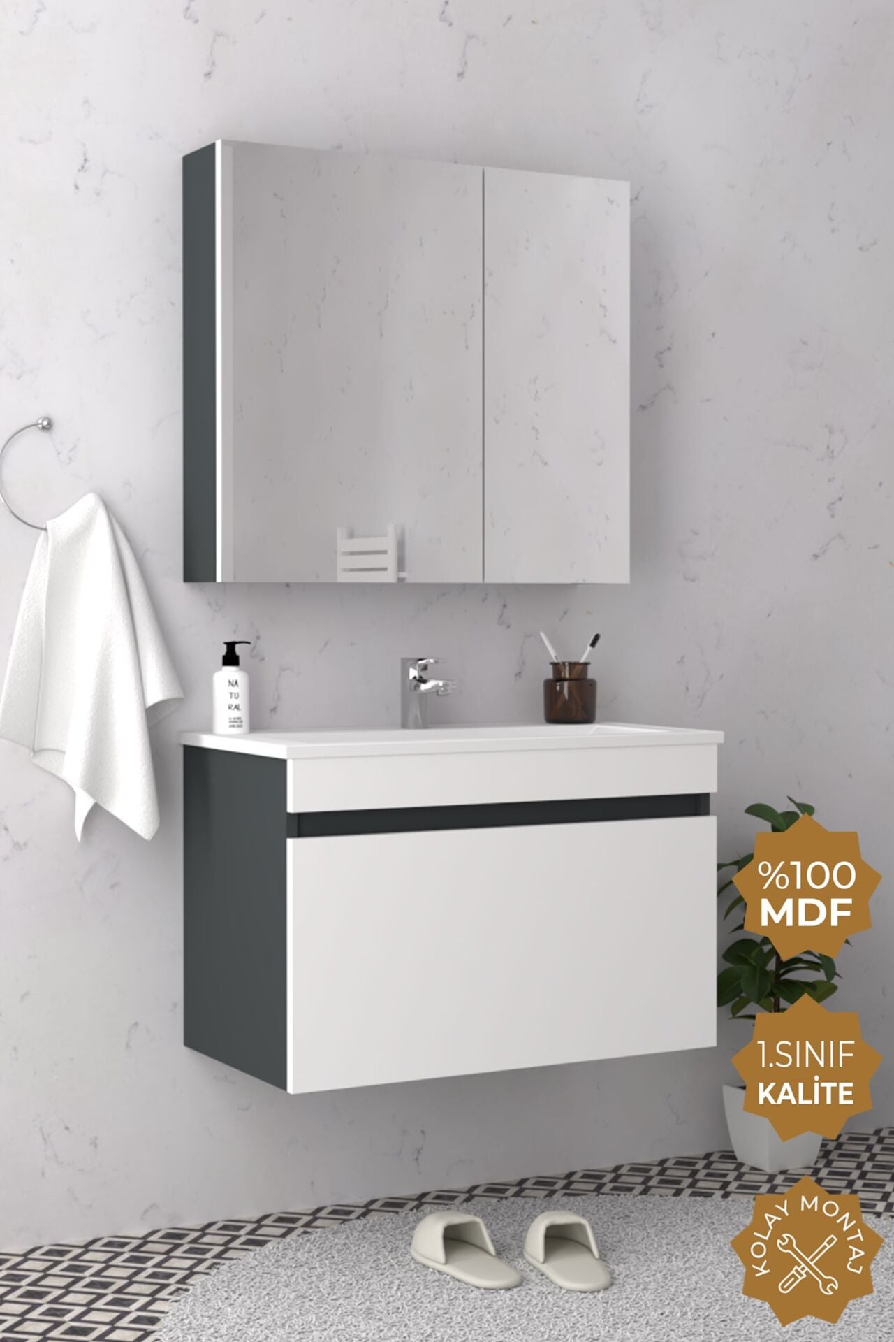 Teta Home Mersin 65 cm MDF Banyo Dolabı Seti Antrasit-Beyaz