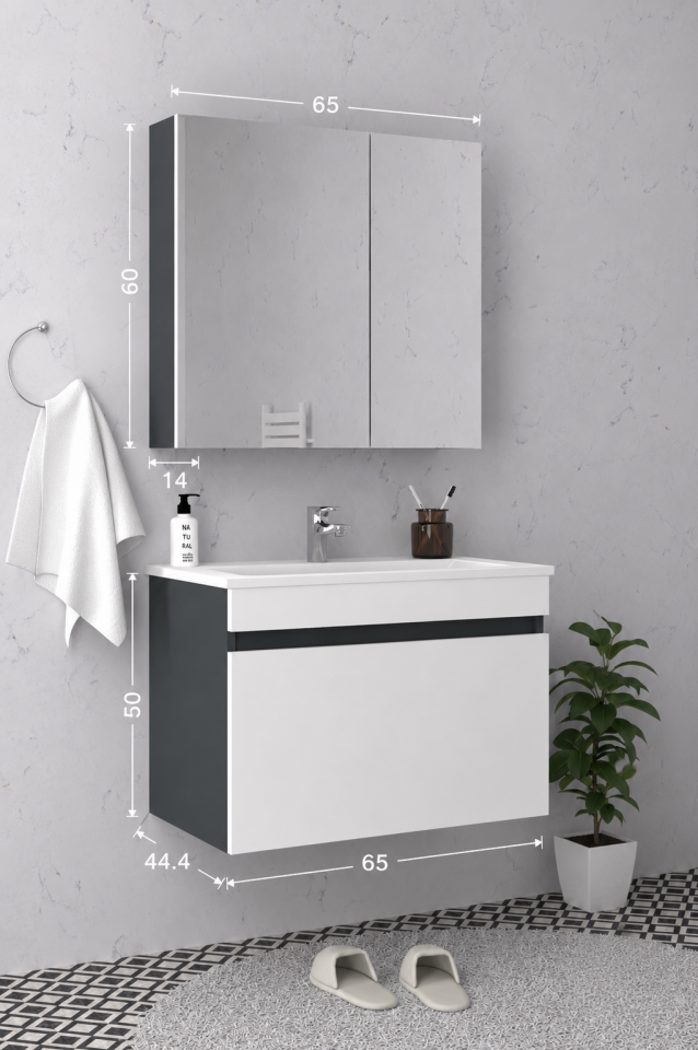 Teta Home Mersin 65 cm MDF Banyo Dolabı Seti Antrasit-Beyaz