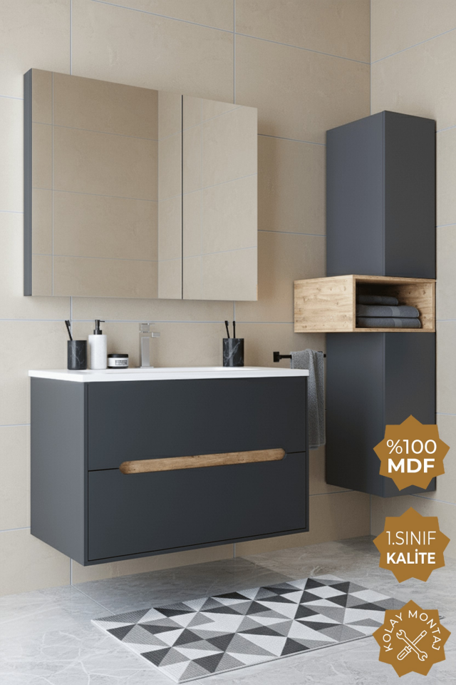 Teta Home Madrid 80 cm MDF Banyo Dolabı Seti + Boy Dolabı