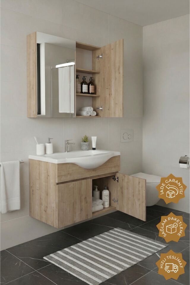 Teta Home Kahire 80 cm MDF Banyo Dolabı Seti Safir Meşe