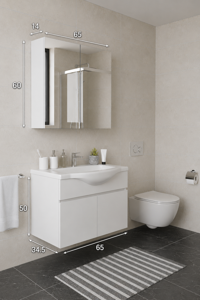 Teta Home Kahire 65 cm MDF Banyo Dolabı Seti Beyaz
