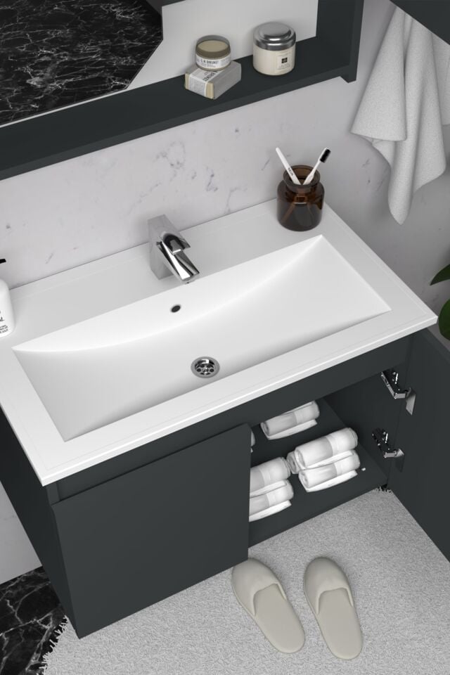 Teta Home Napoli 65 cm MDF Banyo Dolabı Seti Sis gri