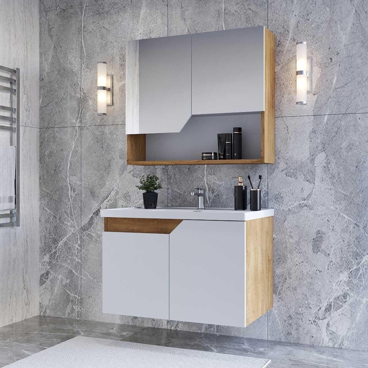 Teta Home Napoli 65 cm MDF Banyo Dolabı Seti Kafkas Meşe-Beyaz