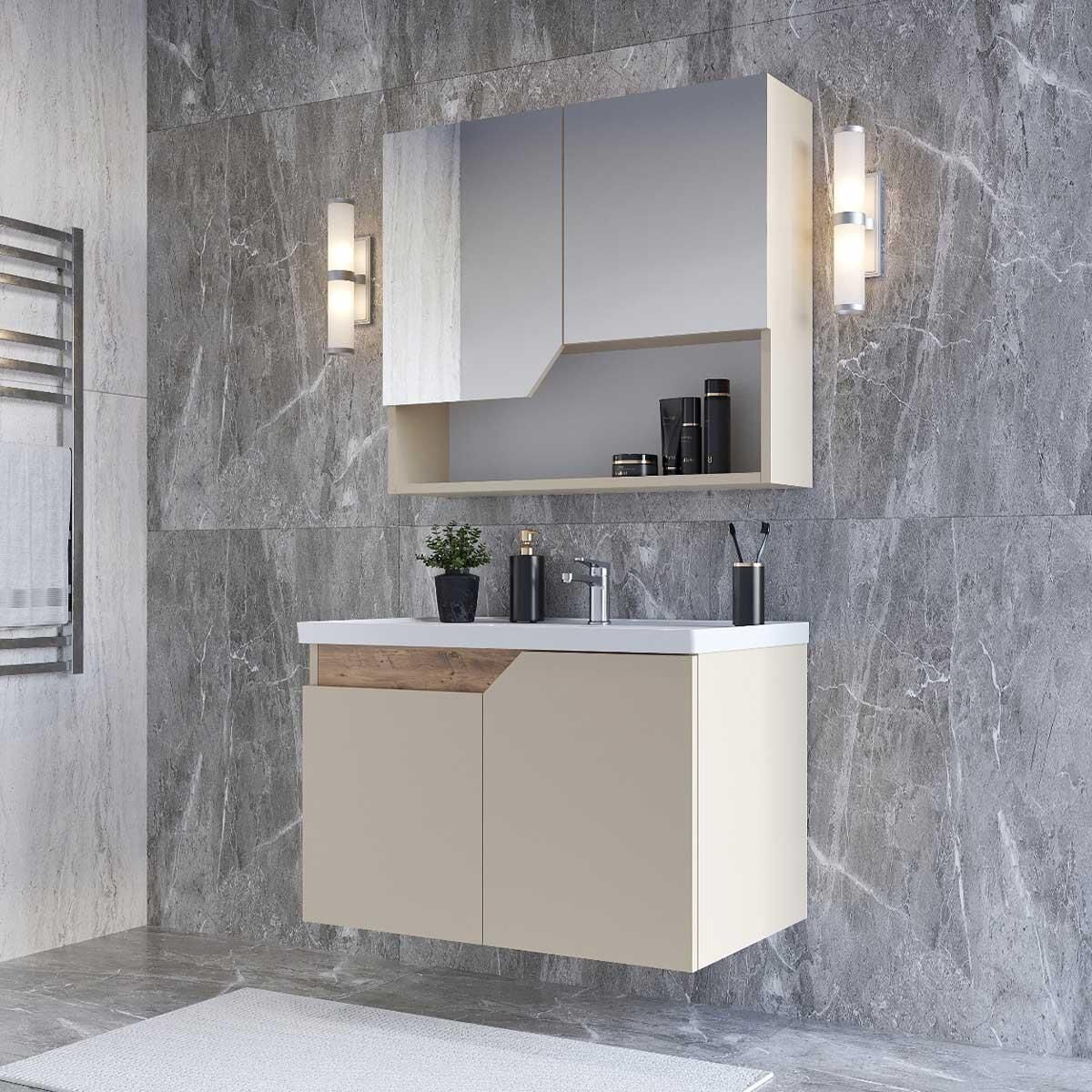 Teta Home Napoli 65 cm MDF Banyo Dolabı Seti Bej-Atlantik Çam