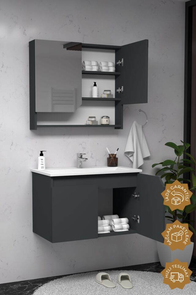 Teta Home Napoli 65 cm MDF Banyo Dolabı Seti Antrasit