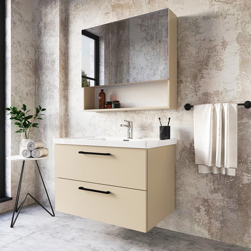 Teta Home Batum 80 Cm MDF Banyo Dolabı Seti Bej