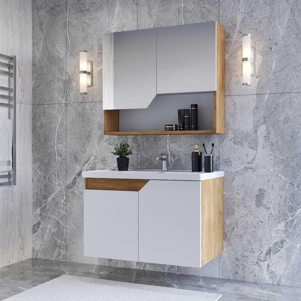 Teta Home Napoli 80 cm MDF Banyo Dolabı Seti Kafkas Meşe-Beyaz