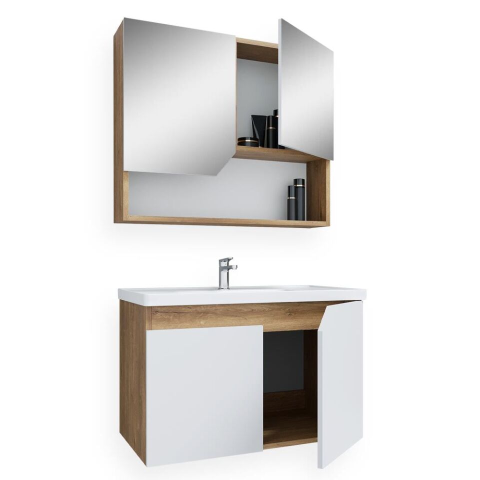 Teta Home Napoli 80 cm MDF Banyo Dolabı Seti Kafkas Meşe-Beyaz