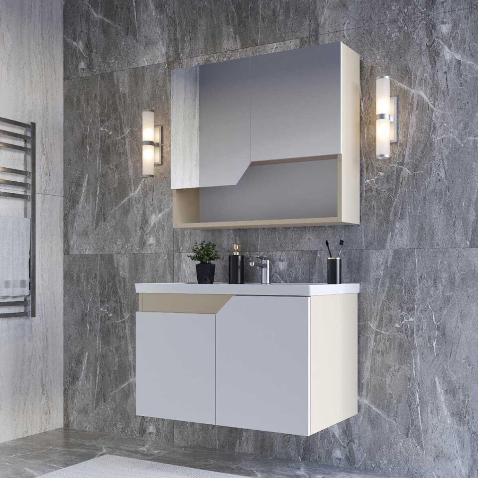 Teta Home Napoli 80 cm MDF Banyo Dolabı Seti Bej-Beyaz