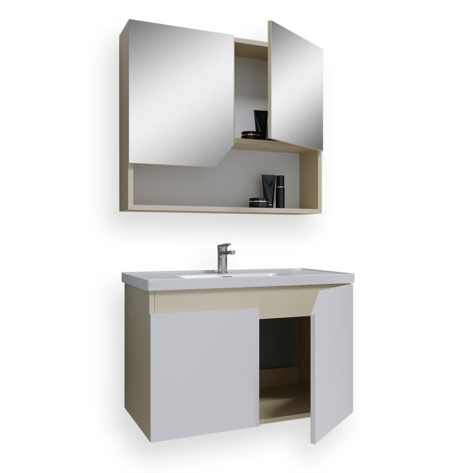 Teta Home Napoli 80 cm MDF Banyo Dolabı Seti Bej-Beyaz
