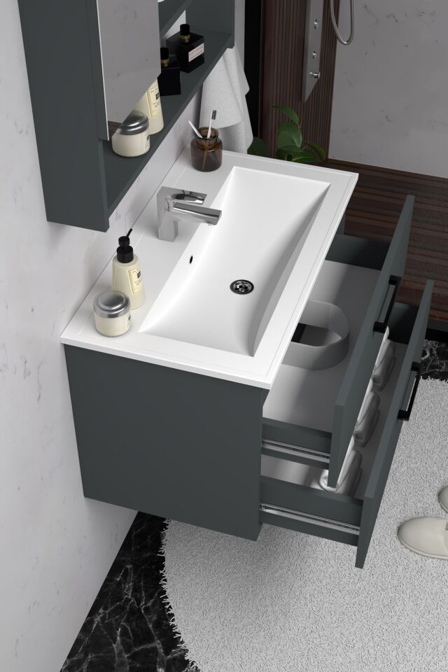Teta Home Batum 80 Cm MDF Banyo Dolabı Seti Antrasit