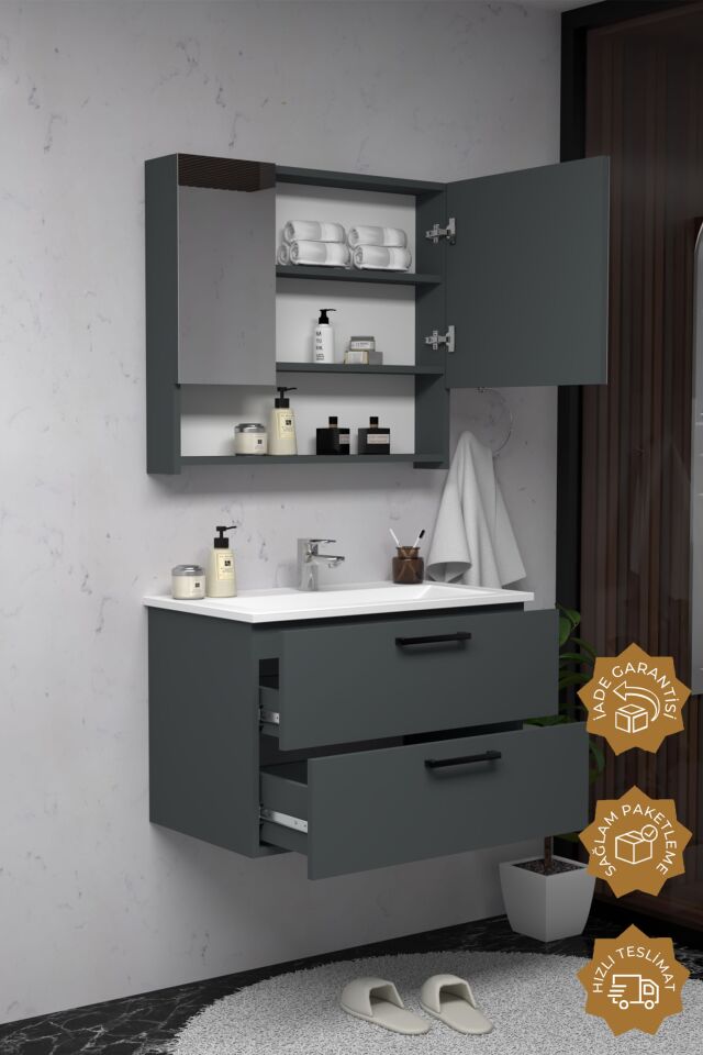 Teta Home Batum 80 Cm MDF Banyo Dolabı Seti Antrasit