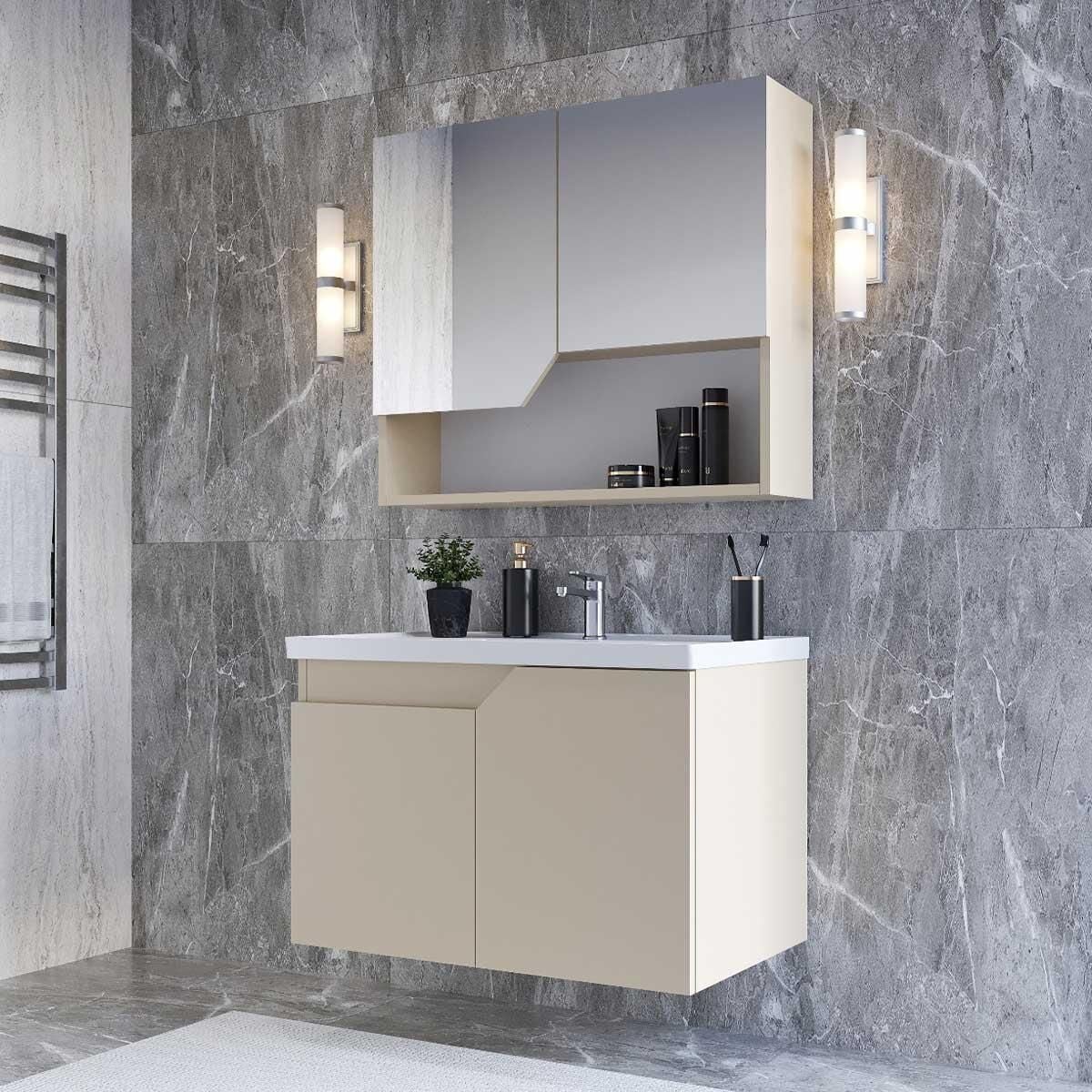 Teta Home Napoli 80 cm MDF Banyo Dolabı Seti Bej