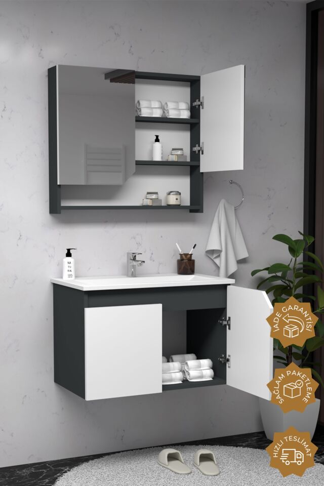 Teta Home Napoli 80 cm MDF Banyo Dolabı Seti Antrasit-Beyaz