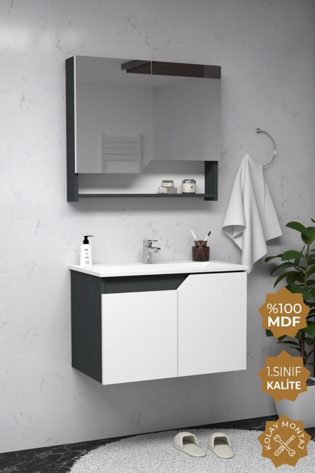 Teta Home Napoli 80 cm MDF Banyo Dolabı Seti Antrasit-Beyaz