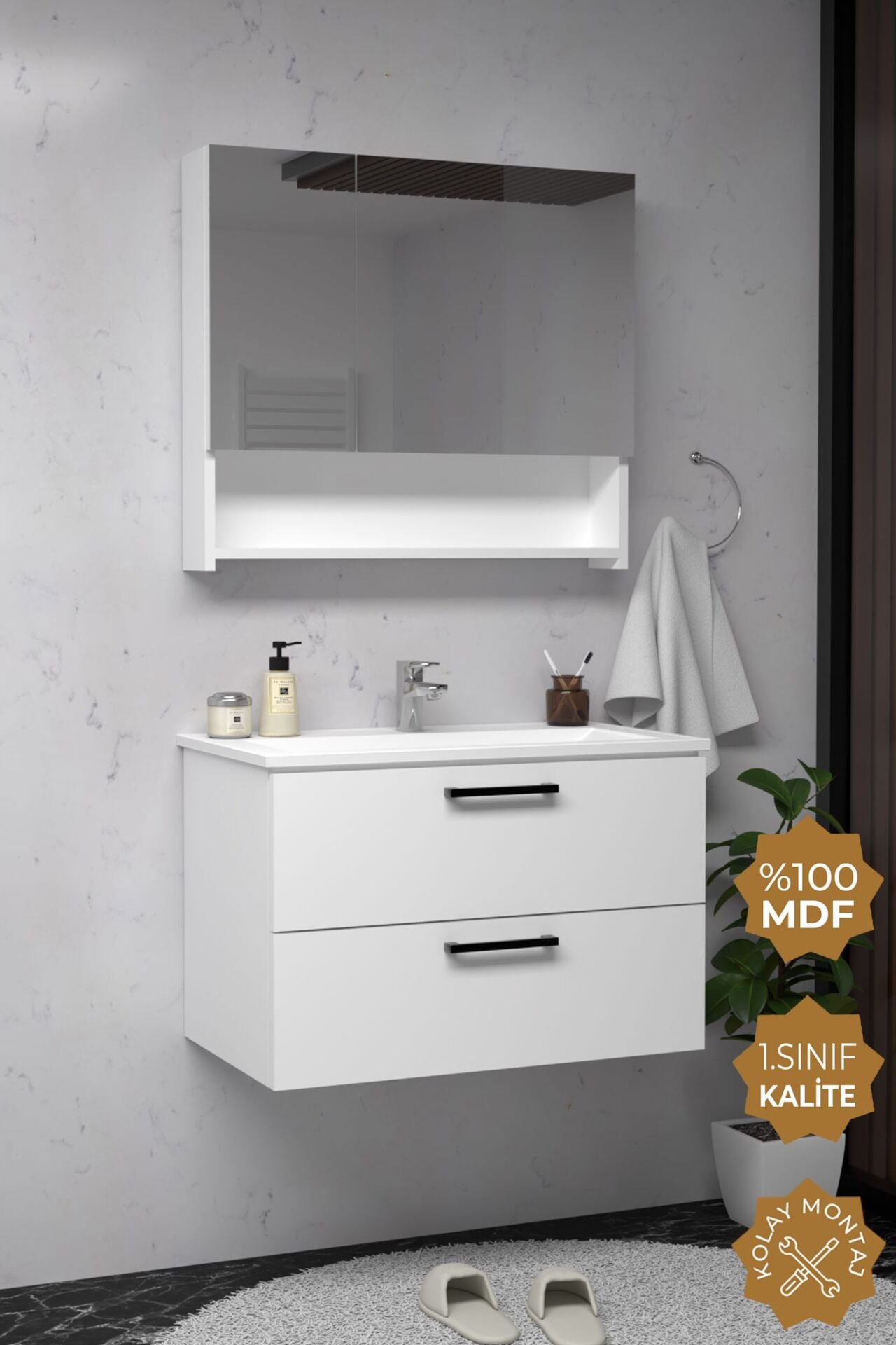 Teta Home Batum 65 Cm MDF Banyo Dolabı Seti Beyaz
