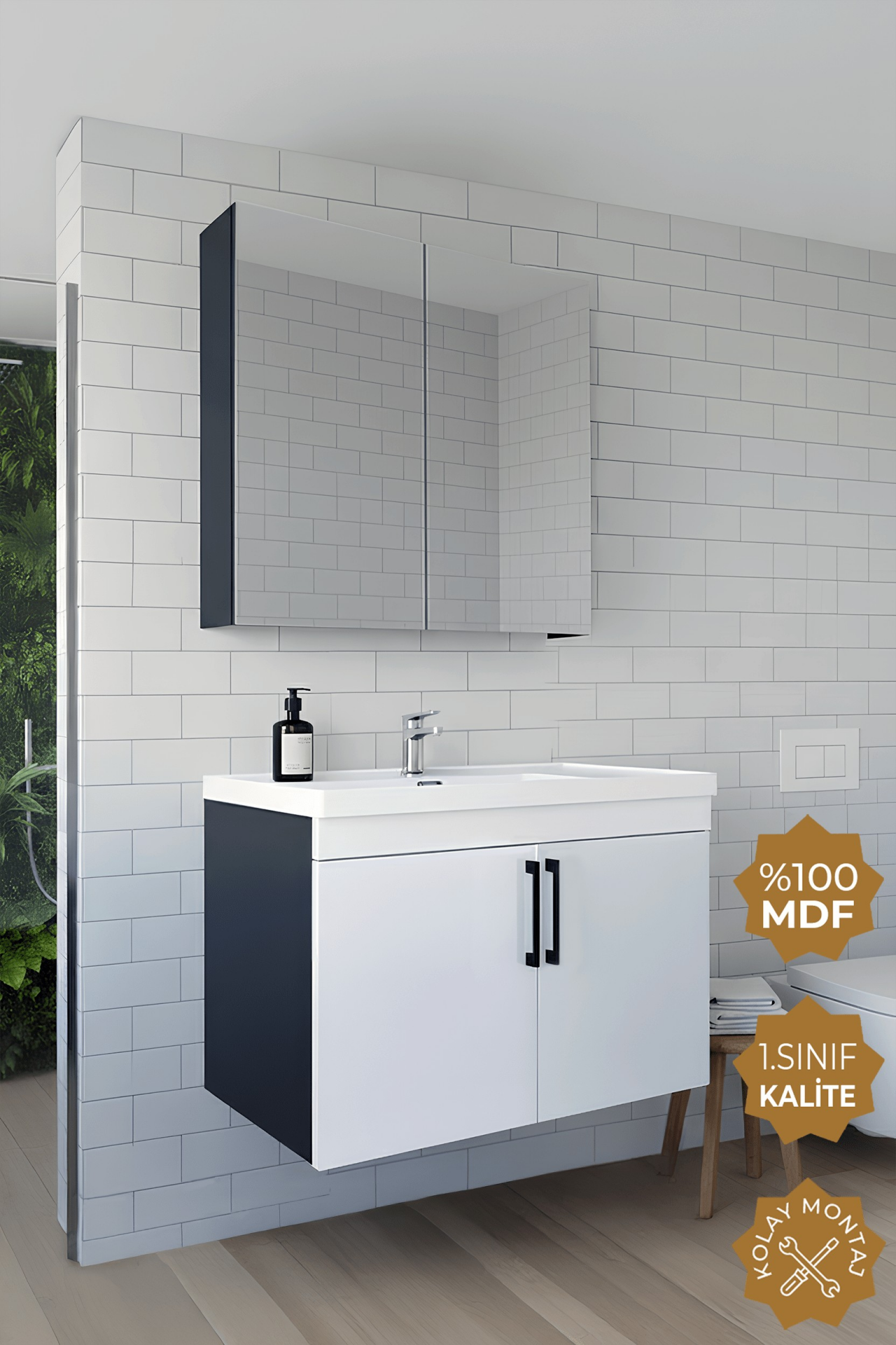 Teta Home Yalova 80 Cm Mdf Banyo Dolabı Seti Antrasit-Beyaz