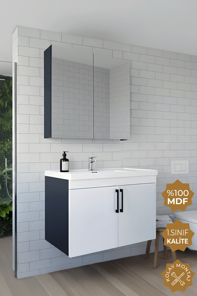 Teta Home Yalova 80 Cm Mdf Banyo Dolabı Seti Antrasit-Beyaz