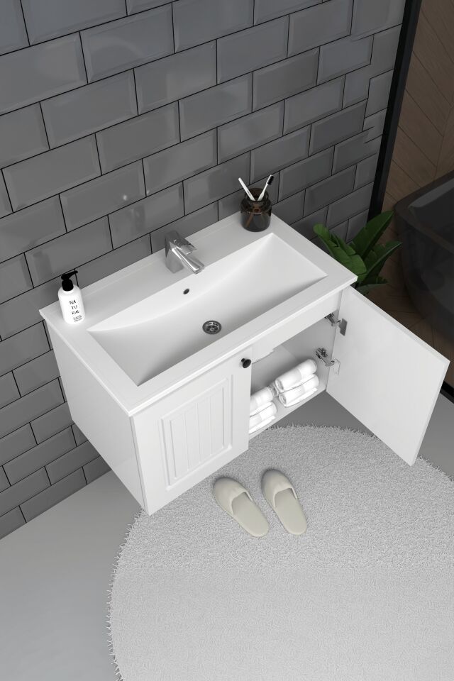 Teta Home Pekin 80 cm MDF Gövde Membran Kapak Banyo Dolabı Seti Beyaz