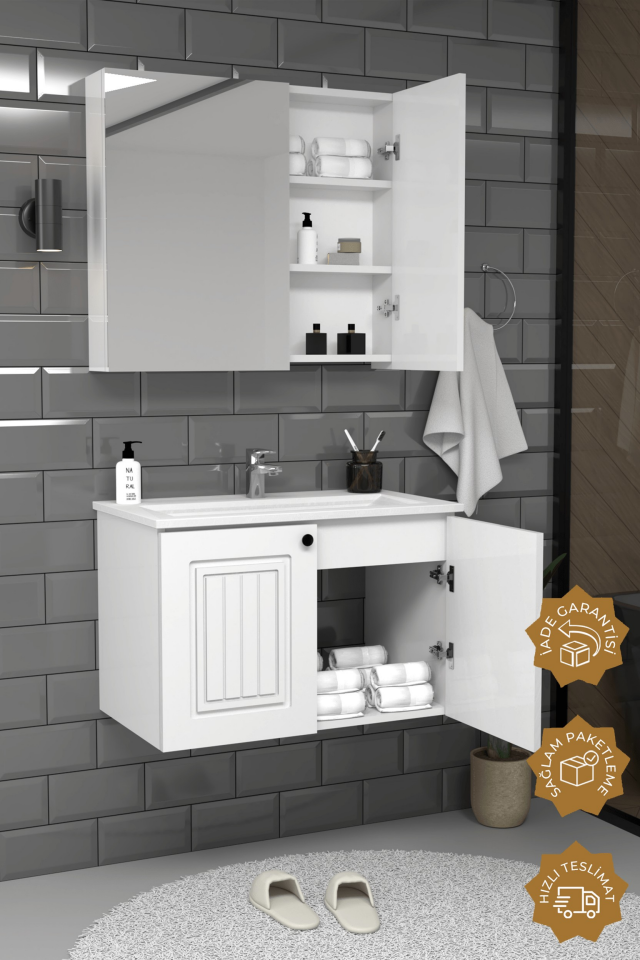 Teta Home Pekin 80 cm MDF Gövde Membran Kapak Banyo Dolabı Seti Beyaz