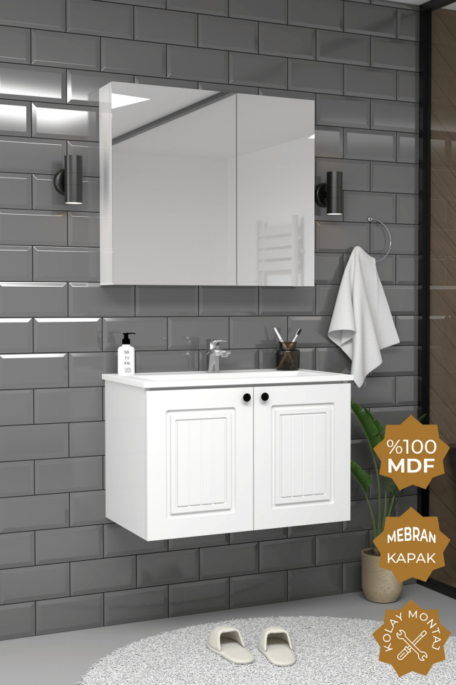 Teta Home Pekin 80 cm MDF Gövde Membran Kapak Banyo Dolabı Seti Beyaz