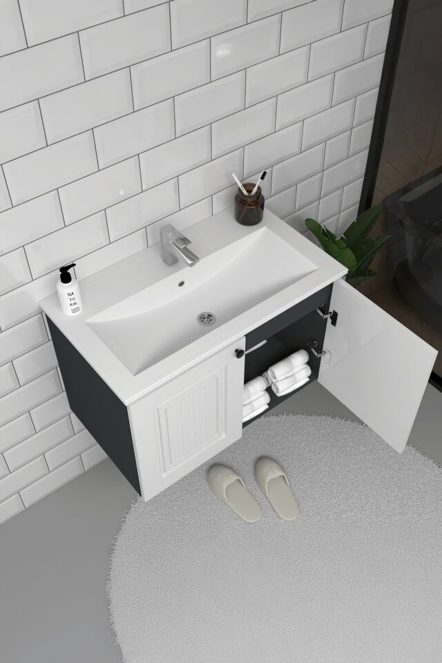 Teta Home Pekin 80 cm MDF Gövde Membran Kapak Banyo Dolabı Seti Antrasit-Beyaz