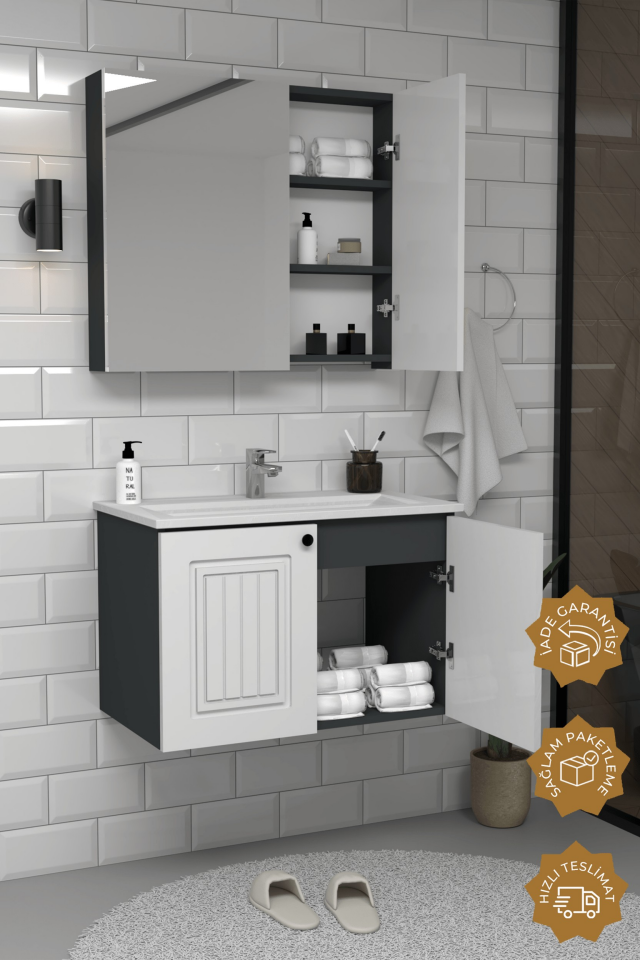 Teta Home Pekin 80 cm MDF Gövde Membran Kapak Banyo Dolabı Seti Antrasit-Beyaz