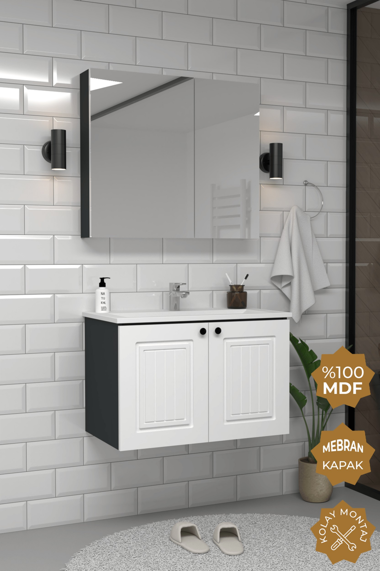 Teta Home Pekin 80 cm MDF Gövde Membran Kapak Banyo Dolabı Seti Antrasit-Beyaz