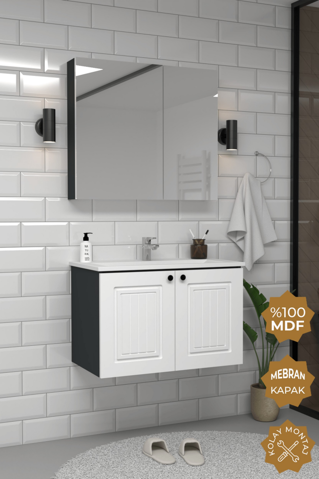 Teta Home Pekin 80 cm MDF Gövde Membran Kapak Banyo Dolabı Seti Antrasit-Beyaz