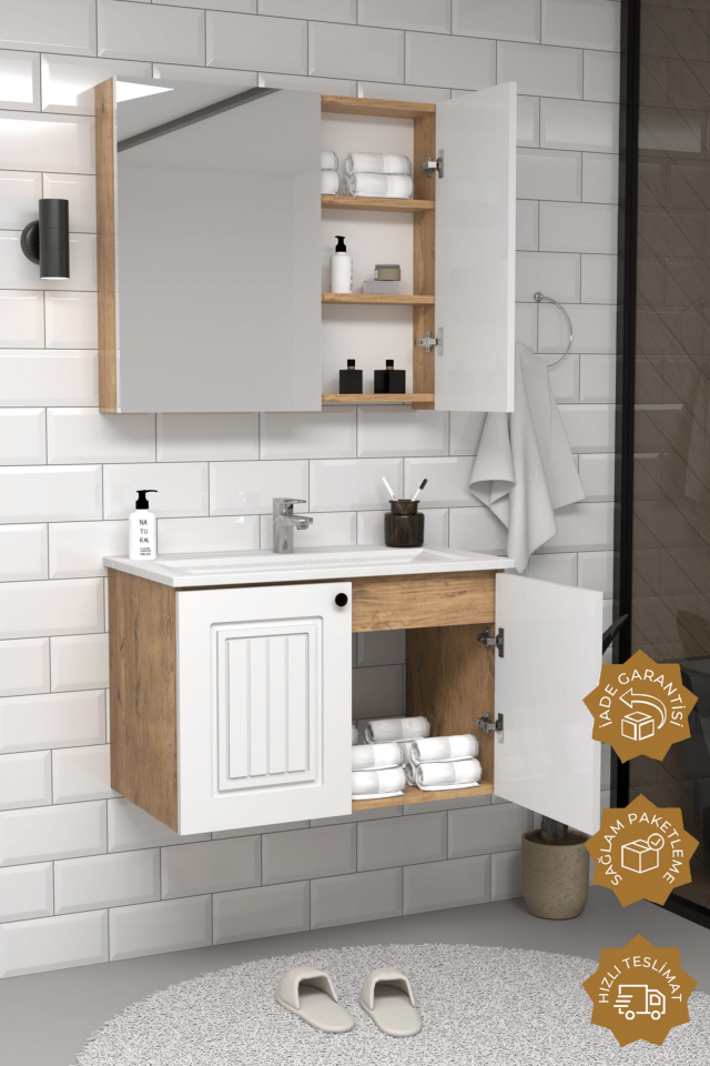 Teta Home Pekin 80 cm MDF Gövde Membran Kapak Banyo Dolabı Seti Atlantik Çam- Beyaz