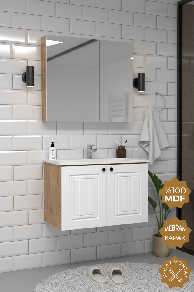 Teta Home Pekin 80 cm MDF Gövde Membran Kapak Banyo Dolabı Seti Atlantik Çam- Beyaz