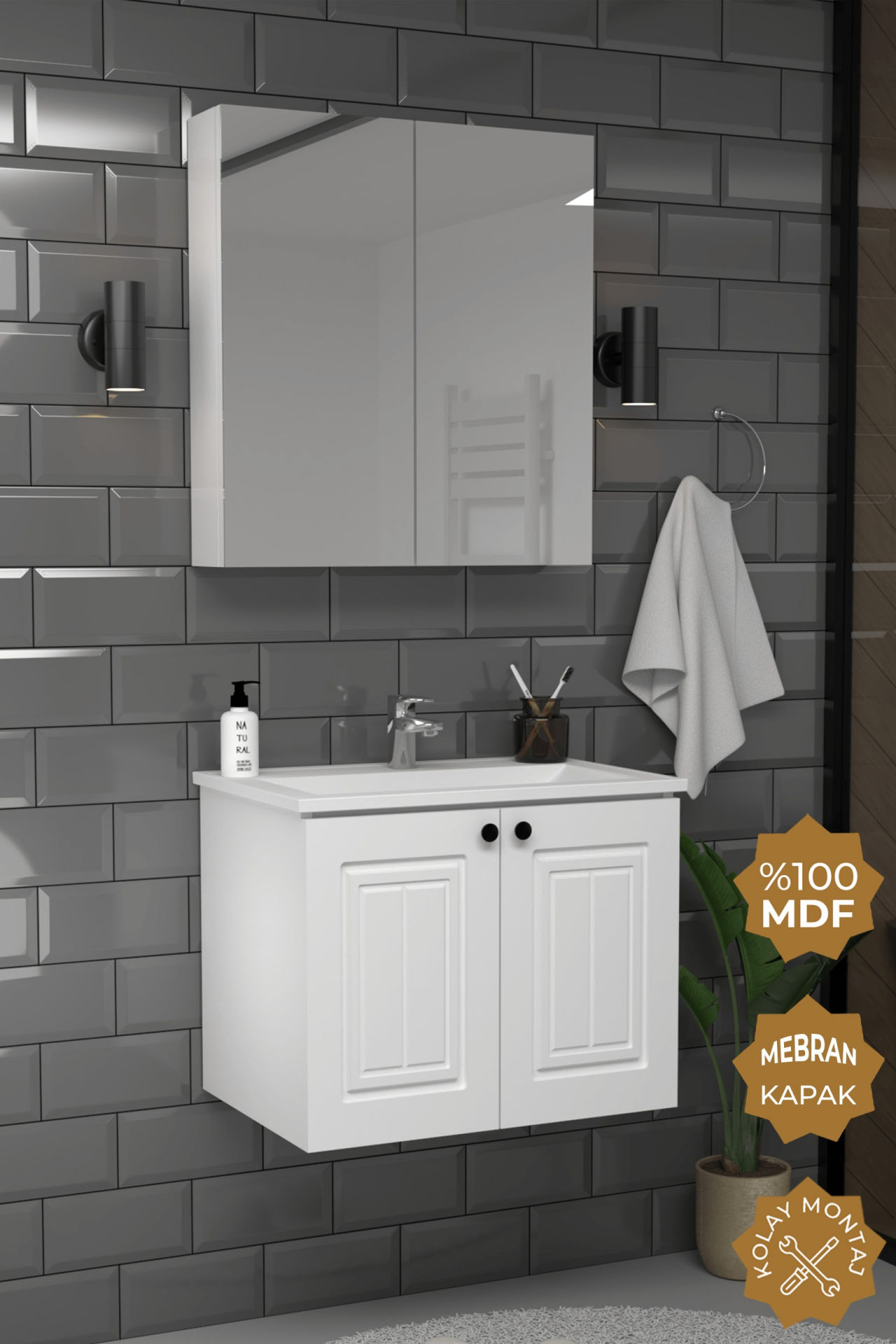 Teta Home Pekin 65 cm MDF Gövde Membran Kapak Banyo Dolabı Seti Beyaz