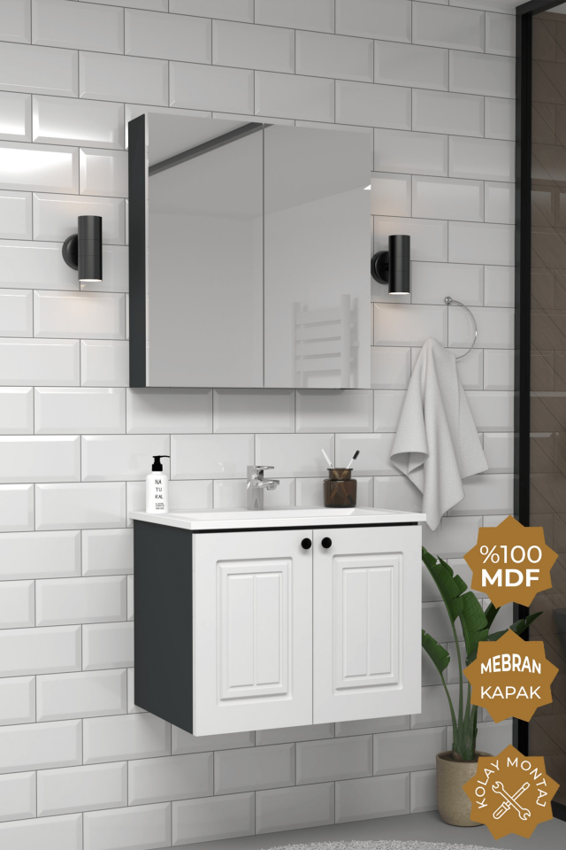 Teta Home Pekin 65 cm MDF Gövde Membran Kapak Banyo Dolabı Seti Antrasit-Beyaz
